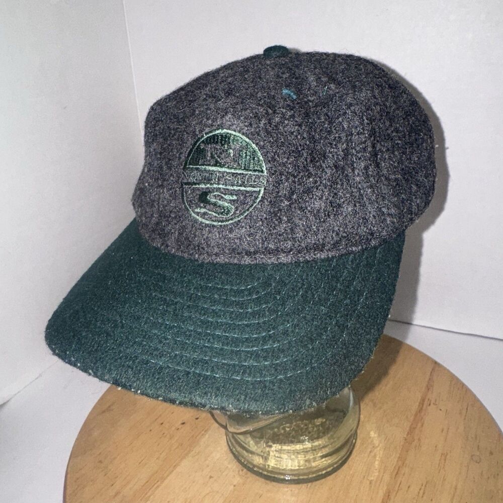 Vintage North Sails Wool Felt Strapback Hat Gray Green Outdoor Sailing Cap RARE